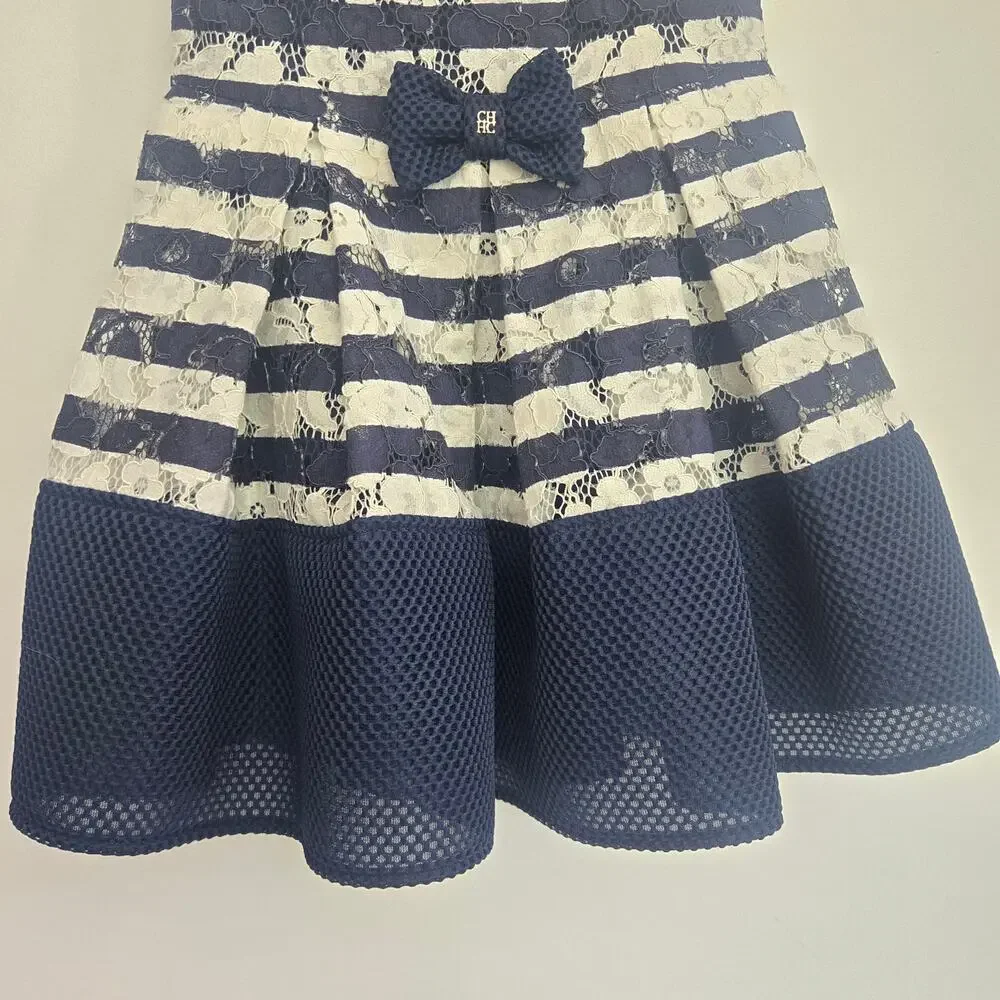 Carolina Herrera Girl Formal Dress Size 4 Lace Striped Navy White Wedding Guest